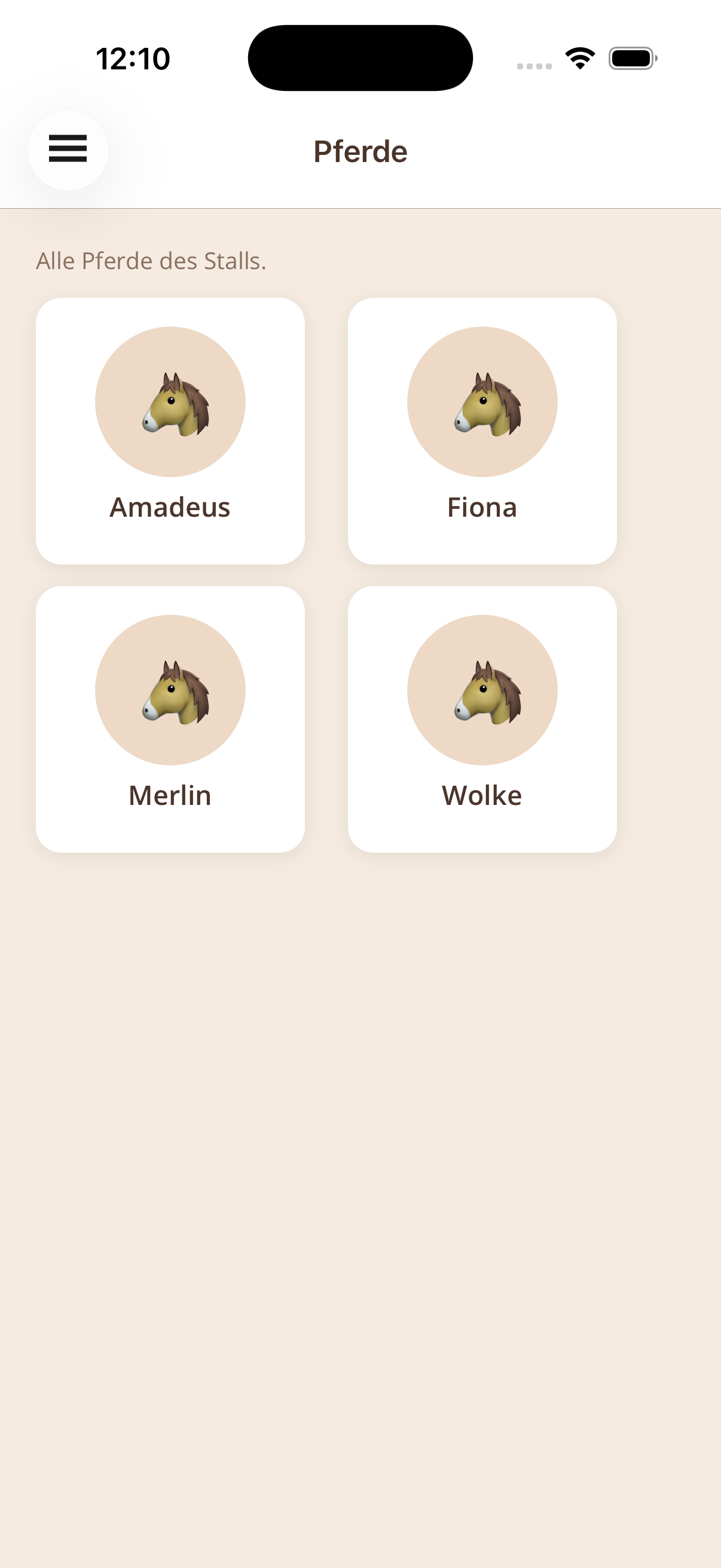 App-Ansicht: Pferdeliste mit Fotos, Box und Gruppe