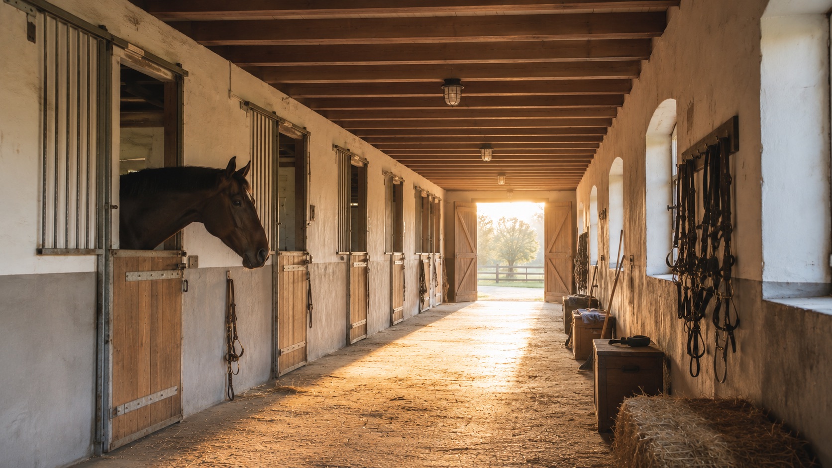 Stallgasse im Morgenlicht — ein Pferd schaut aus seiner Box