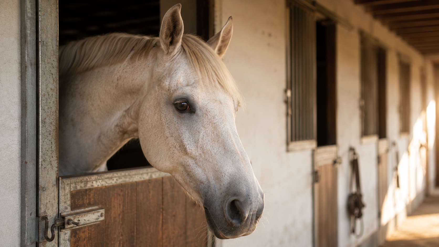 Pferd schaut über die Boxentür