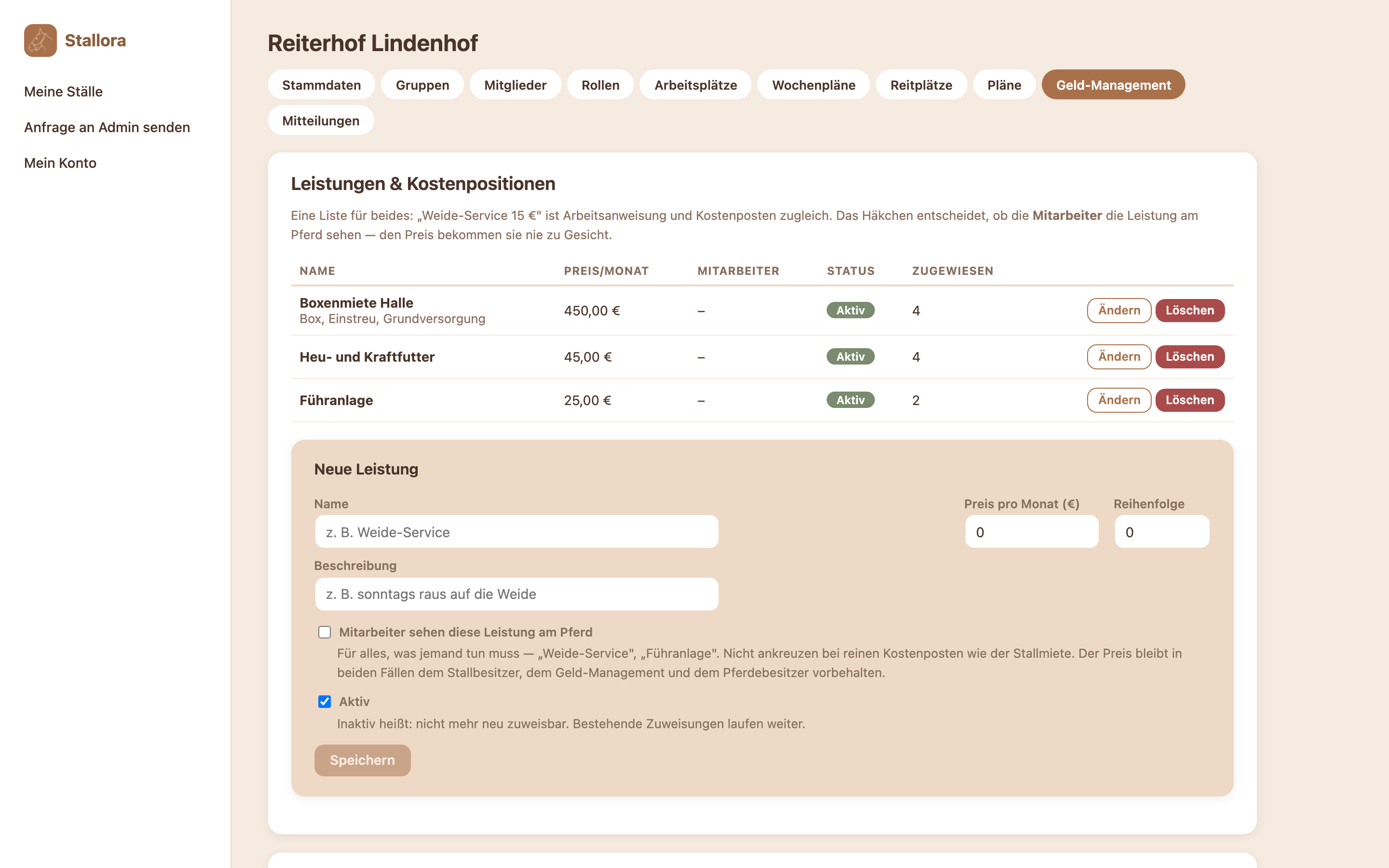 Web-Ansicht: Leistungen und Preise je Pferd